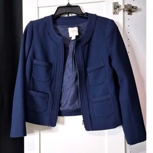 J Crew Navy Blue Blazer Jacket Textured Trim Zip Front Womens Size 4